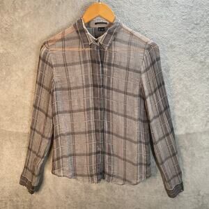 Theory Top Women Size Medium Silk Sheer Plaid Button Up‎ Blouse Office Siren